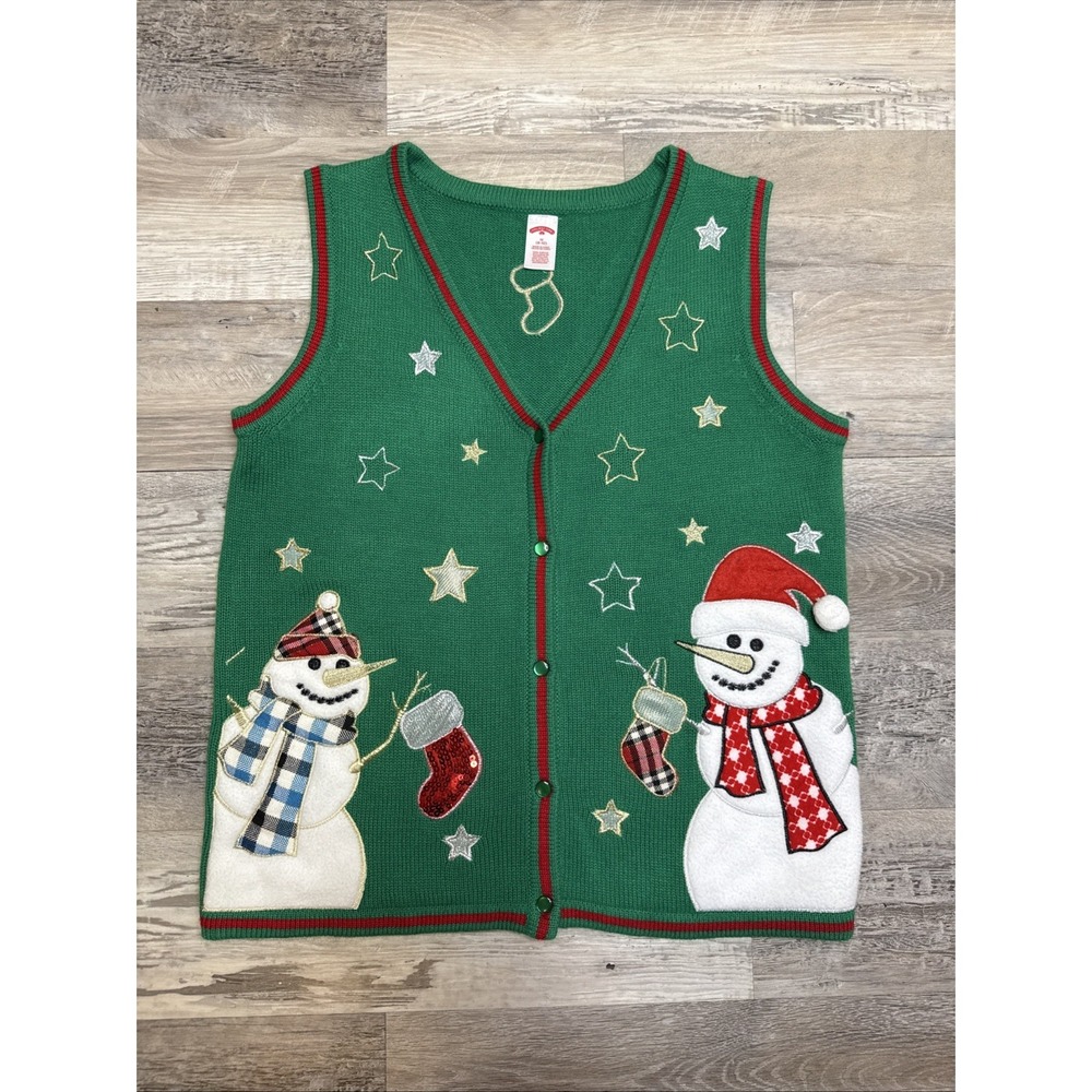 Holiday Time Green Ugly Christmas Sweater Snowman Stocking Sequin Knit Vest M